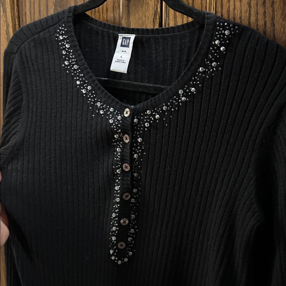 Vintage GAP Angora Henley Sweater‎ Womens Black Ribbed Beaded Cotton Wool Large - Picture 4 of 6